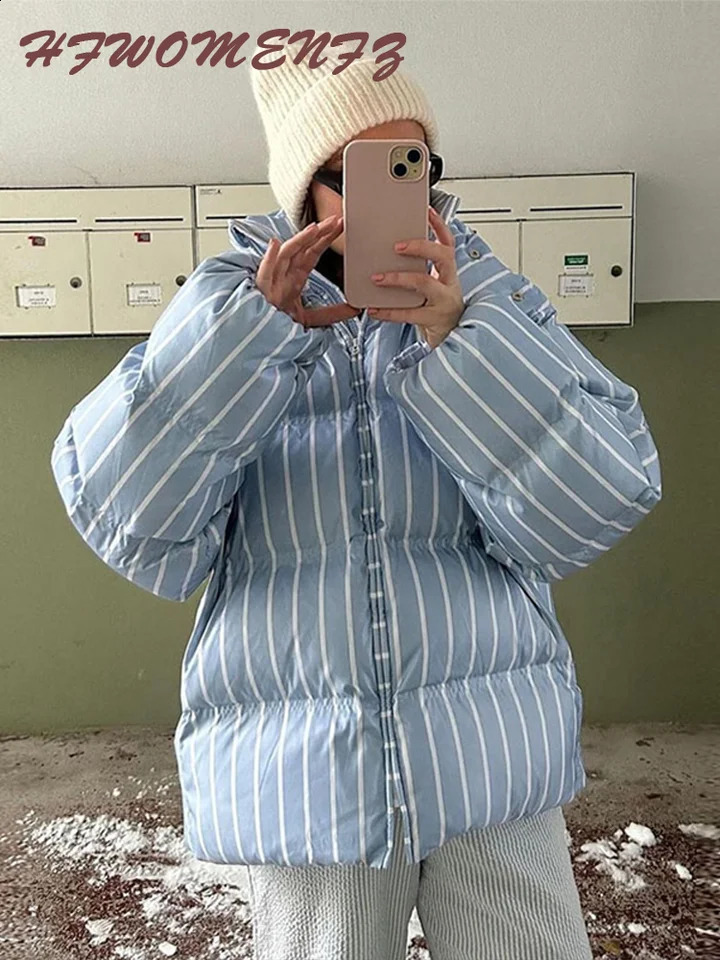 Striped Cotton Women Coat Full Sleeve Hat Lady Jacket 2026 Autumn Winter Quilted Thicken Single Breasted Female Loose Outwear 260917