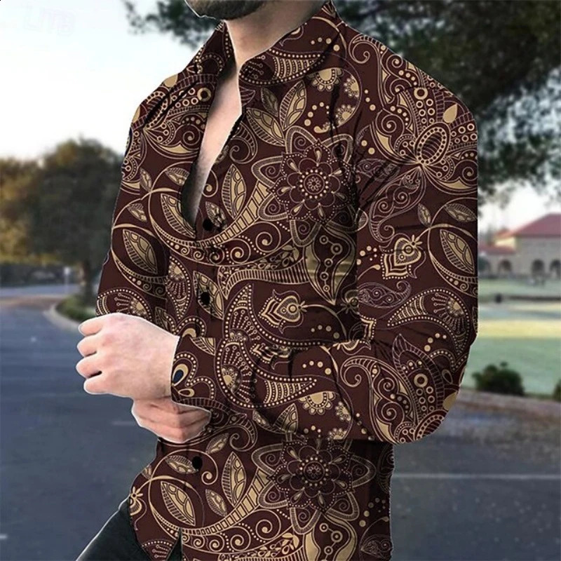 Men's Paisley floral print long sleeved shirt with lapel button up cardigan street party slim fit top men's trendy shirt 260917