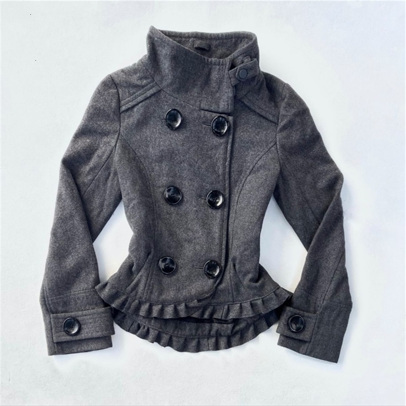 Ladys Y2K vintage wool standup collar doublebuttoned slimfit retro winter coat streetwear sweetcool punk high street fashion 260917