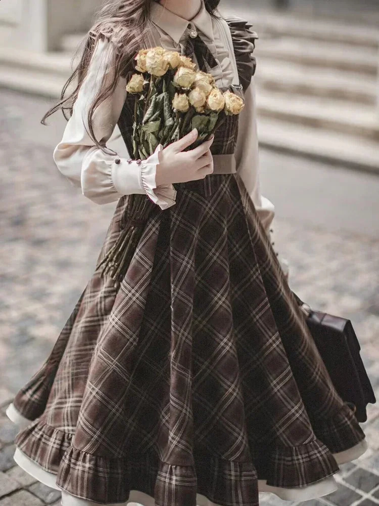 Two-Piece Dress for Women Long Skirt Slim Fit Waist Cinching Vintage Lolita Plaid Bow Korean Style Fashion Winter 260917