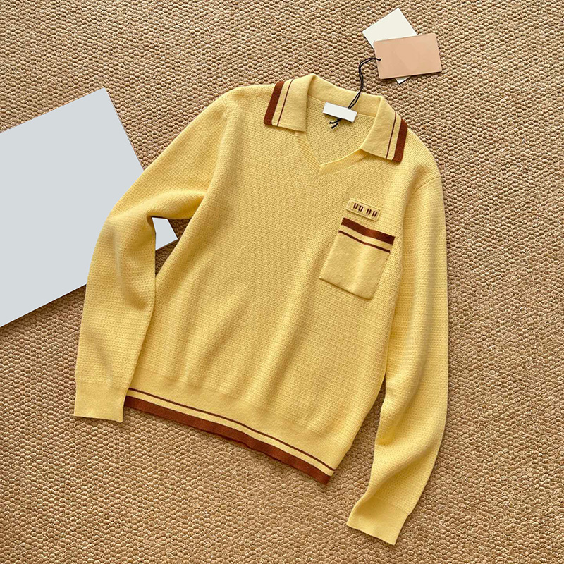 Y2K Yellow Knit Polo Sweater Women Designer Contrast Trim Long Sleeve v Neck Pullover Sweaters Trip Vacation Stylish Knitted Top