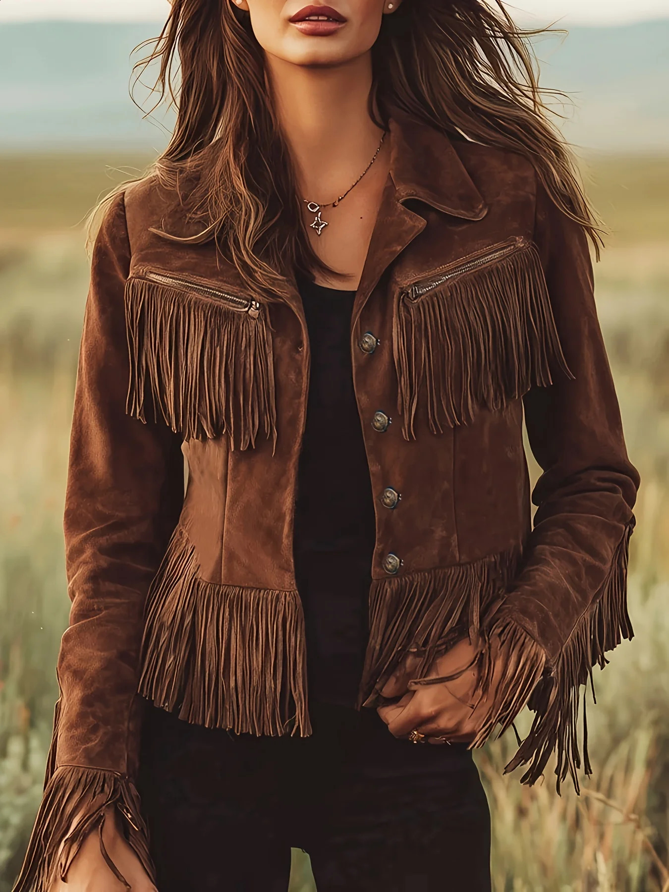 Women's Vintage Brown Suede Fringe Jacket Cropped Slim Fit Tasse Outerwear with Western Yoke Casual Daily Party 260917