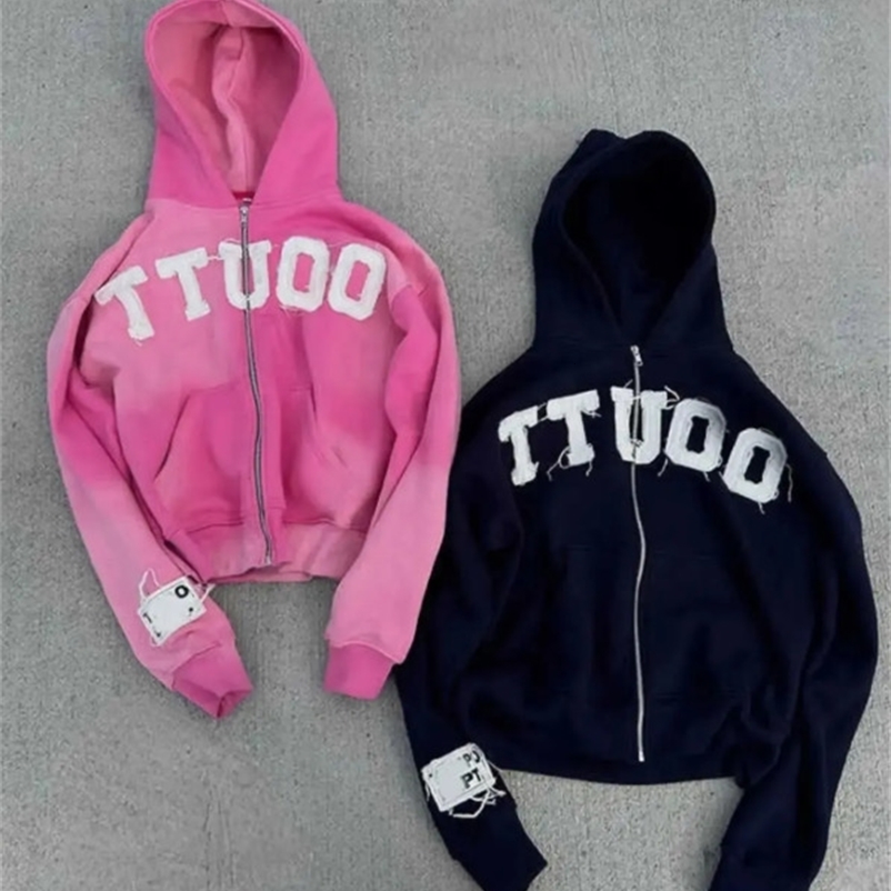women's European and American retro Y2K spliced printed sweatshirt street hip-hop letter zipper hoodie sports suit trend 260917