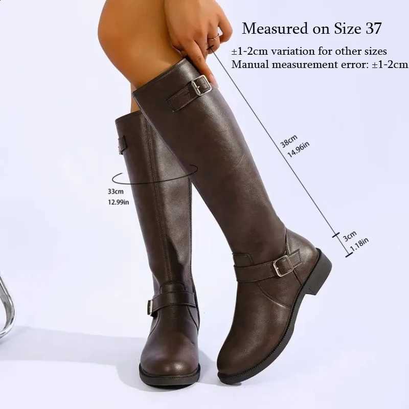 Leather fashion PU Metal KneeHigh Boots Women Comfortable Plus Size 43 Low Block Heel Side Zipper Long Boots Botas Mujer D2609161