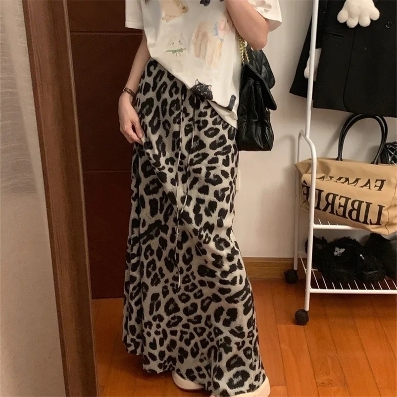 Fashion Leopard Print Long Skirt Women Casual Vintage High Waist Floor Length Summer Y2K Streetwear Satin Midi Skirts 260917