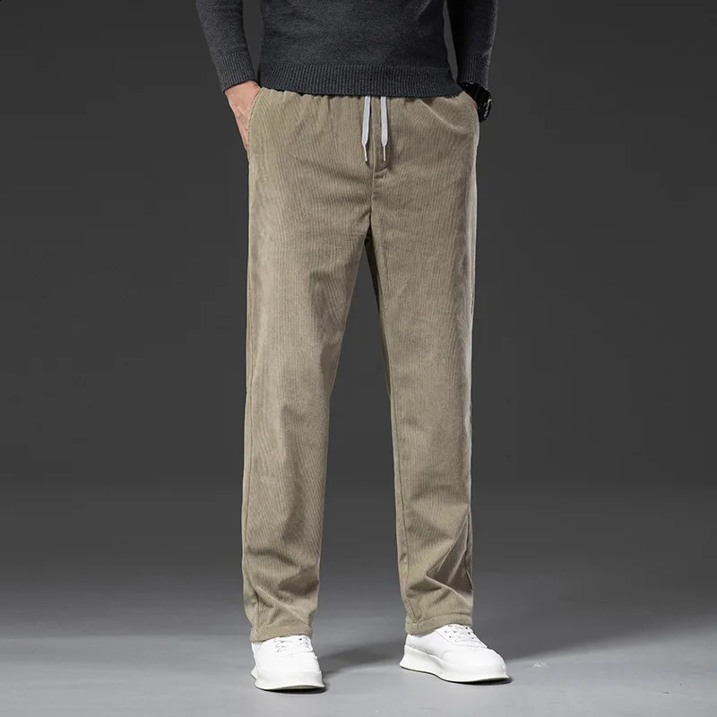 2025 Spring Mens Corduroy Casual Pants Elastic Waist Business Fashion Straight Loose Trousers Male Black Khaki Blue M-5XL 260917