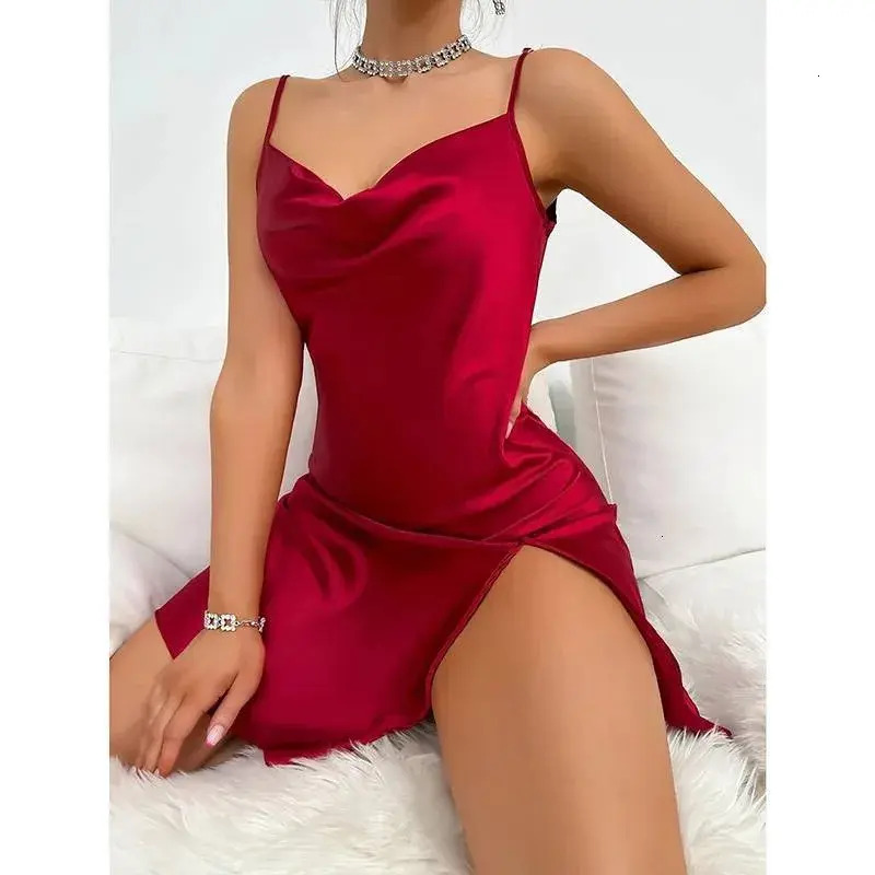Women Pajamas Solid Satin Split loungewear Slip Nightdress Elegant V Neck Backless Spaghetti Strap Sleep Dress Women's Sleepwear Dresses Dongdu