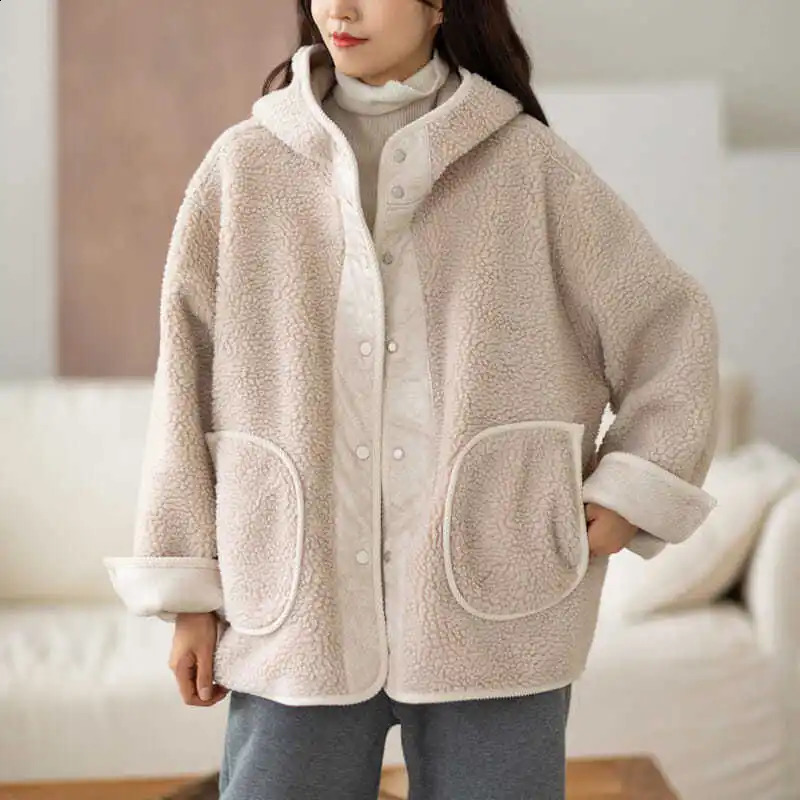 Women's Autumn and Winter Hooded Double-sided Wool Coat Fashion Casual Wild Warm Lamb Plush Cotton Jackets for Women 260917