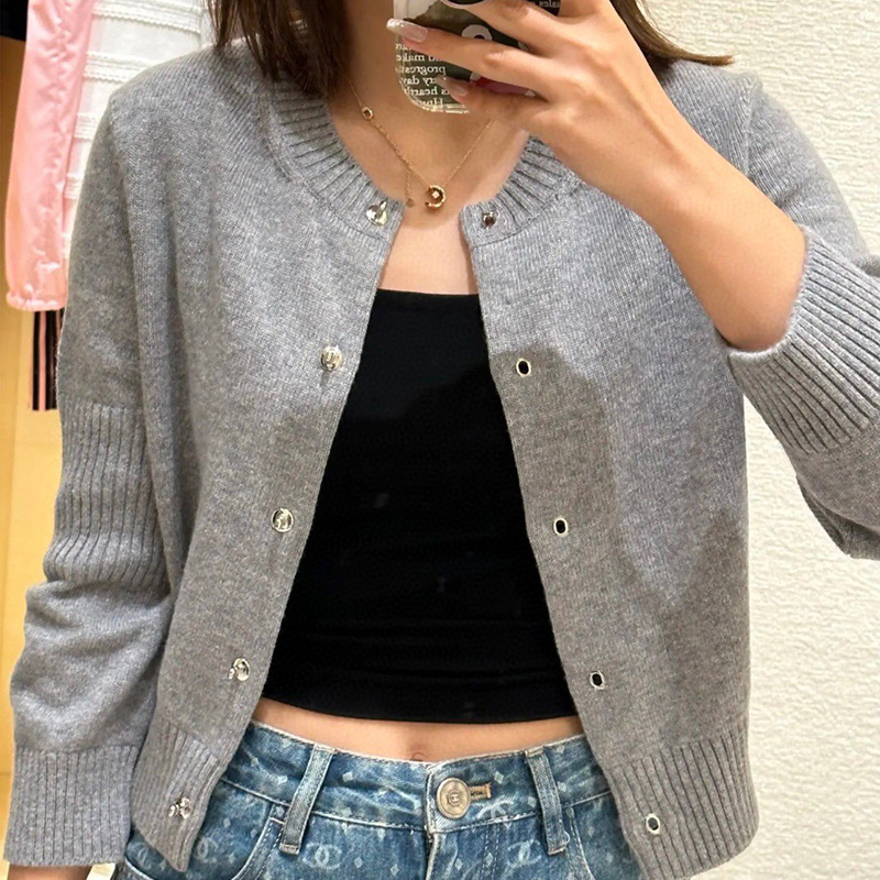 Early Autumn Elegant Women Tweed Wool Knit Cardigan Backpack Buckle Decor Slim Fit Stretch Preppy Fall Outerwear