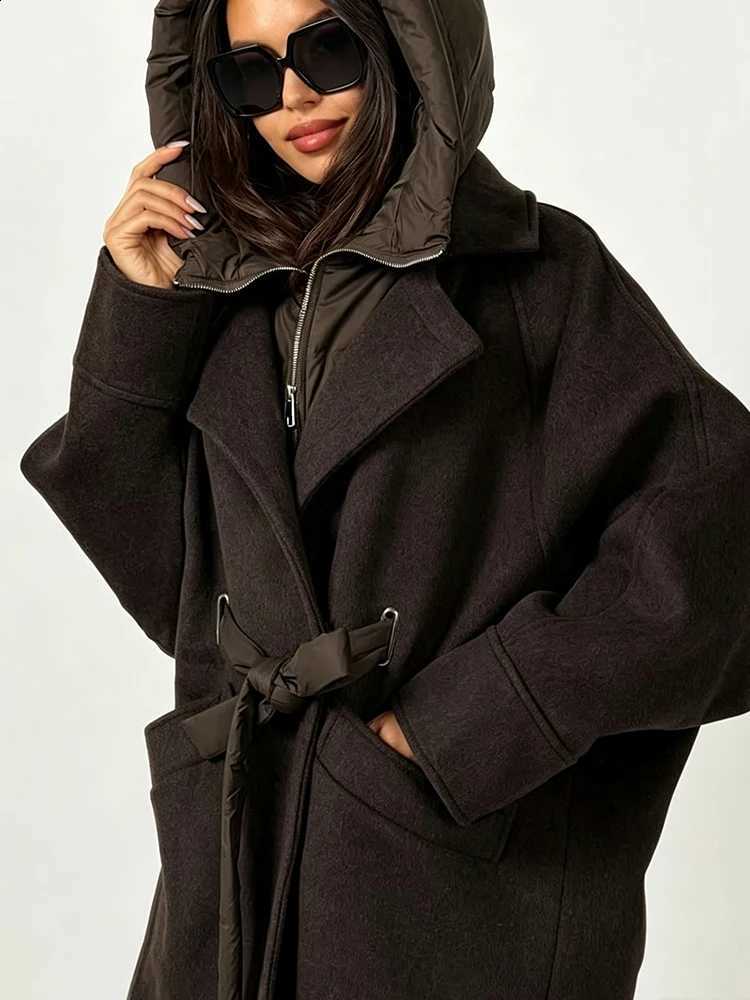 Loose Wool Blend Fake Two Piece Hooded Jacket Women Pocket Puffer Liner Mid Length Coat 2026 Winter Lady Thick Warm Outerwear H260917