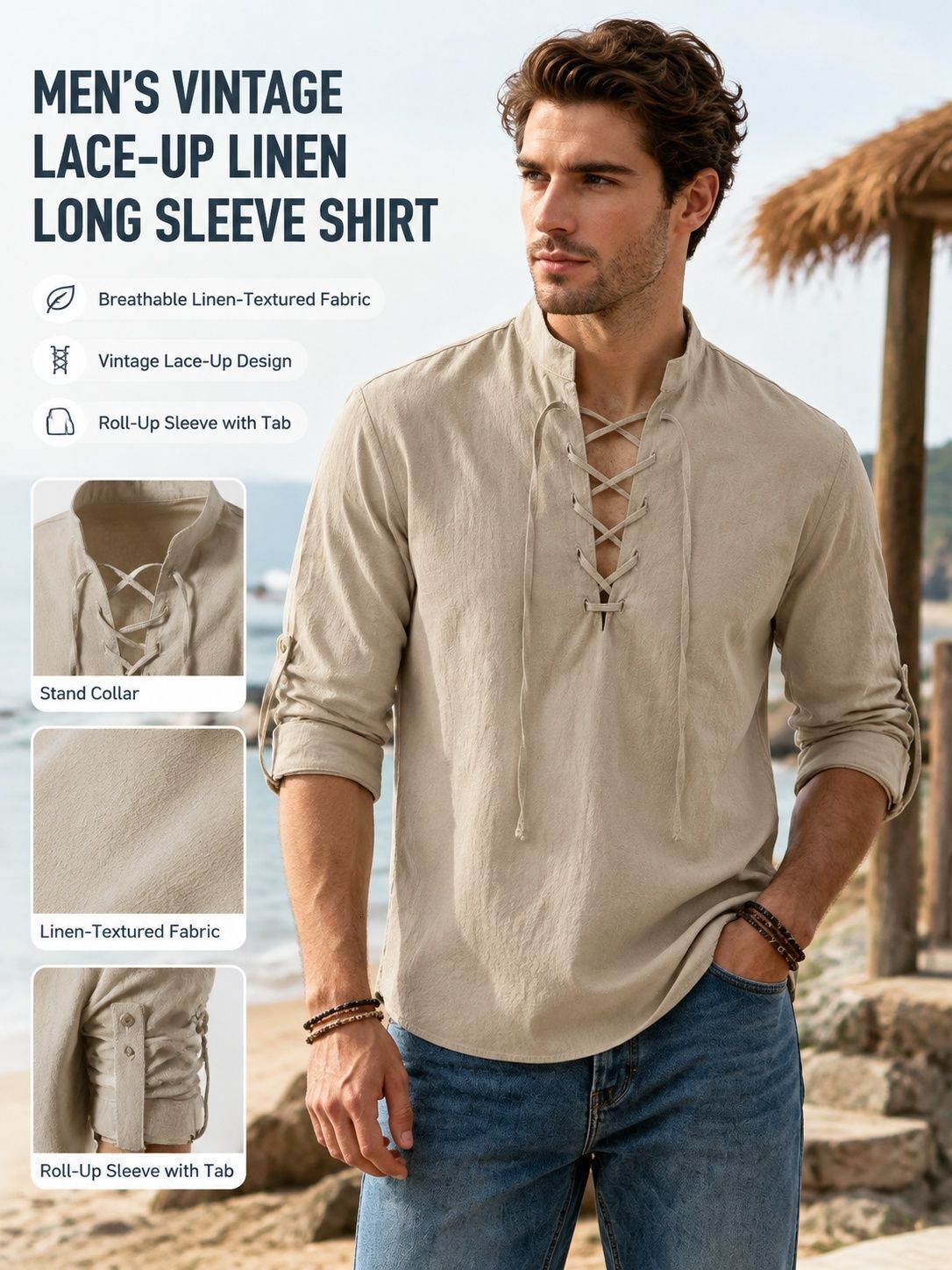 new men's cotton and linen 70s long-sleeved hippie casual beach stand-collar shirt, size, a popular