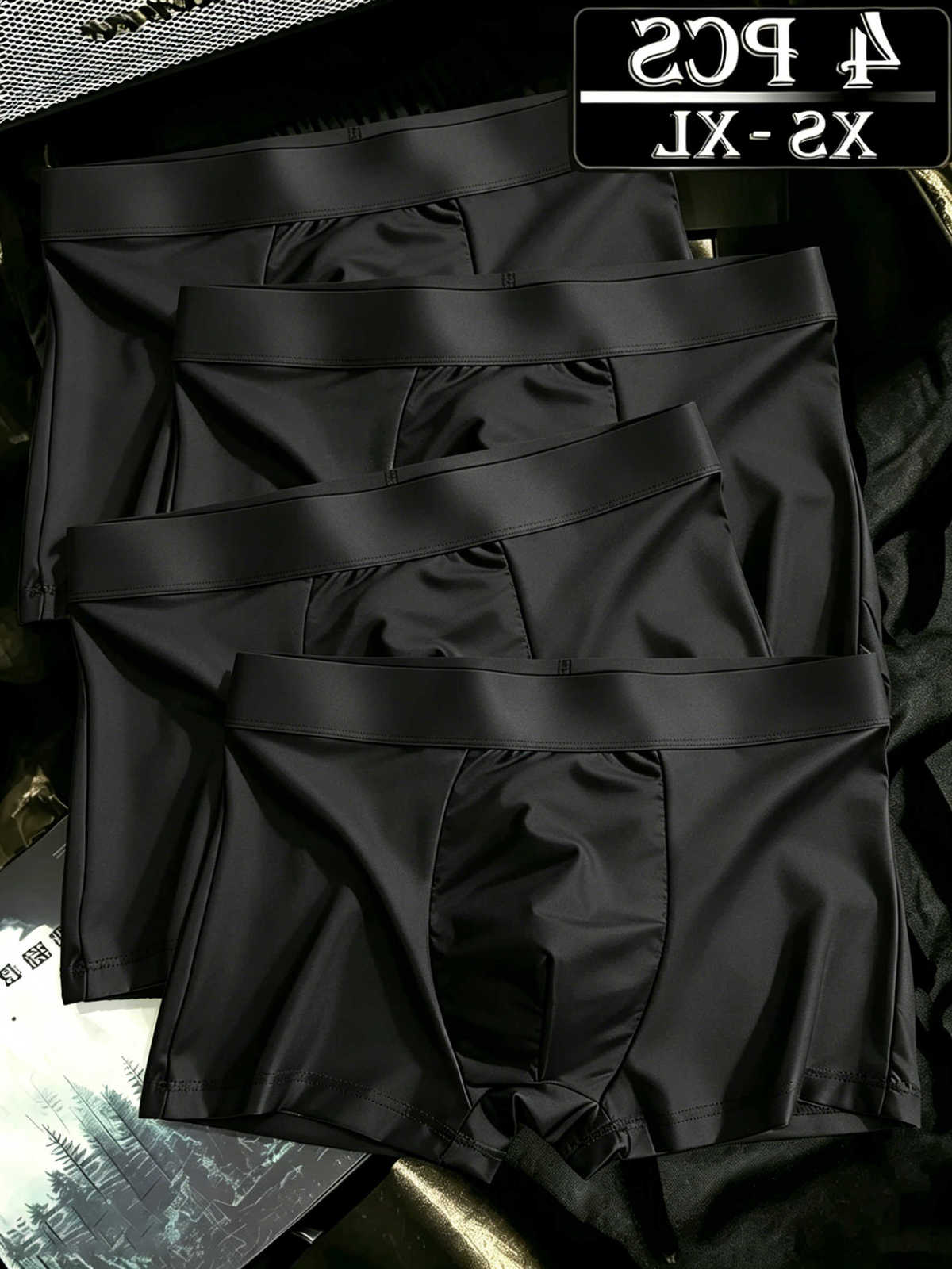 ice Underpants 4pcs pure black silk men's underwear quick drying breathable cool and comfortable antibacterial men's sleeping pants D26091