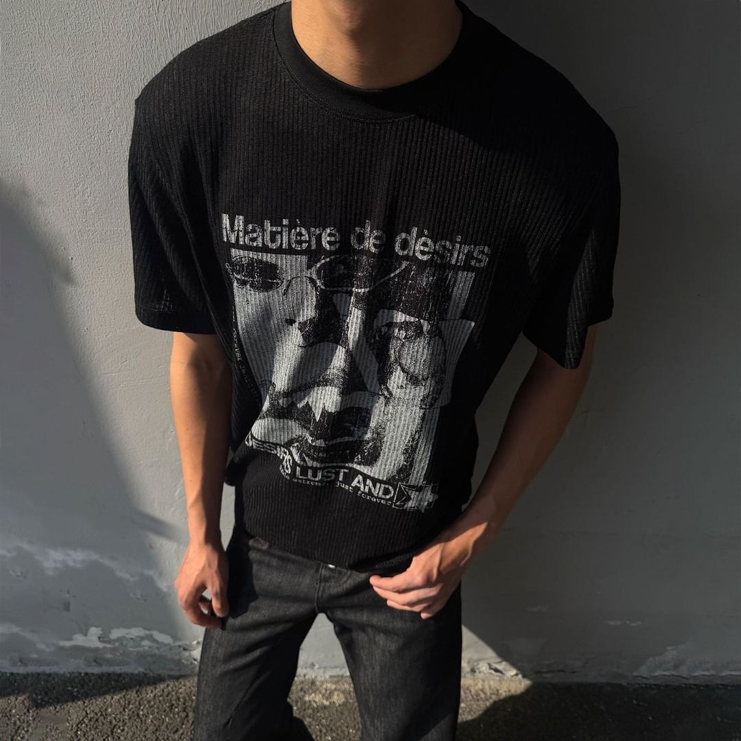 Summer new American retro-style, distressed, dark-themed, portrait and letter print knitted short-sleeve T-shirt for men