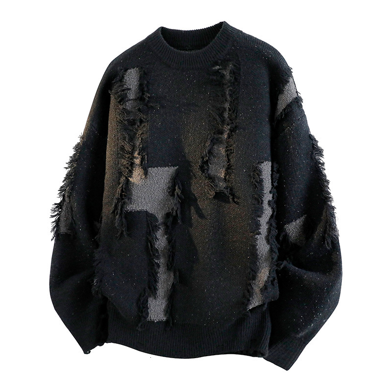 Oversized navy blue sweater with frayed edges tassels and distressed details featuring a galaxy pattern an irregular design and a loose fit suitable