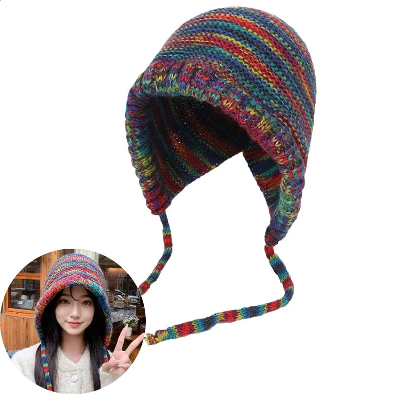 Rainbow Striped Knitting Beanie Hat Women Girl Winter Warm Crochet Ear Protection Cap 260917