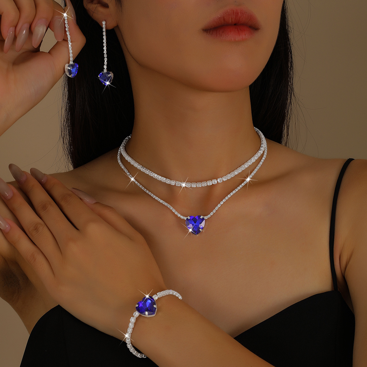 Autumn hot sale: Export-quality, lightweight, luxurious crystal glass jewelry set, including a simple necklace, earrings, bracelet, and clavicle cha