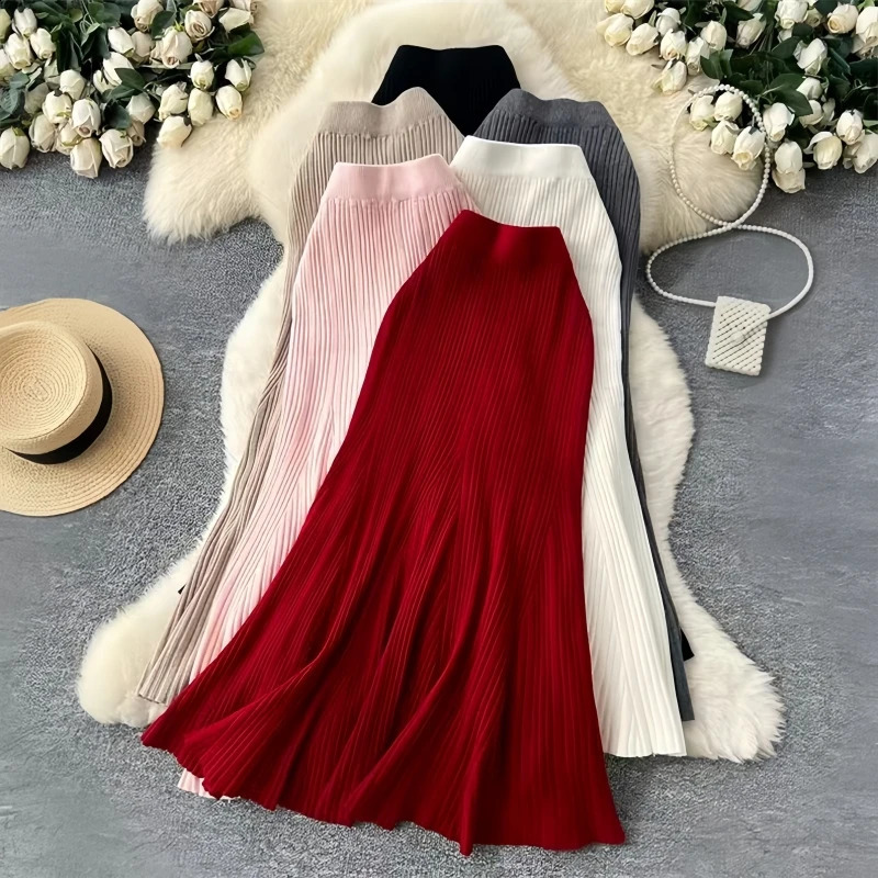 Karofi Women High Waist Ribbed Knit Midi Skirt Solid Color Flared Swing Long Skirt Elegant Casual Knitted A Line Skirts SK687 260917