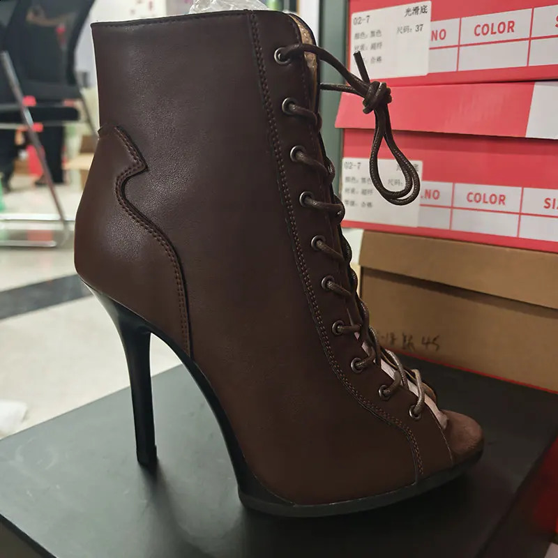 High Quality Customized Brown Latin Dance Shoes Open Toe High Heel Stiletto Boots Slim Heel 11cm Lace Up Dance Boots 260917