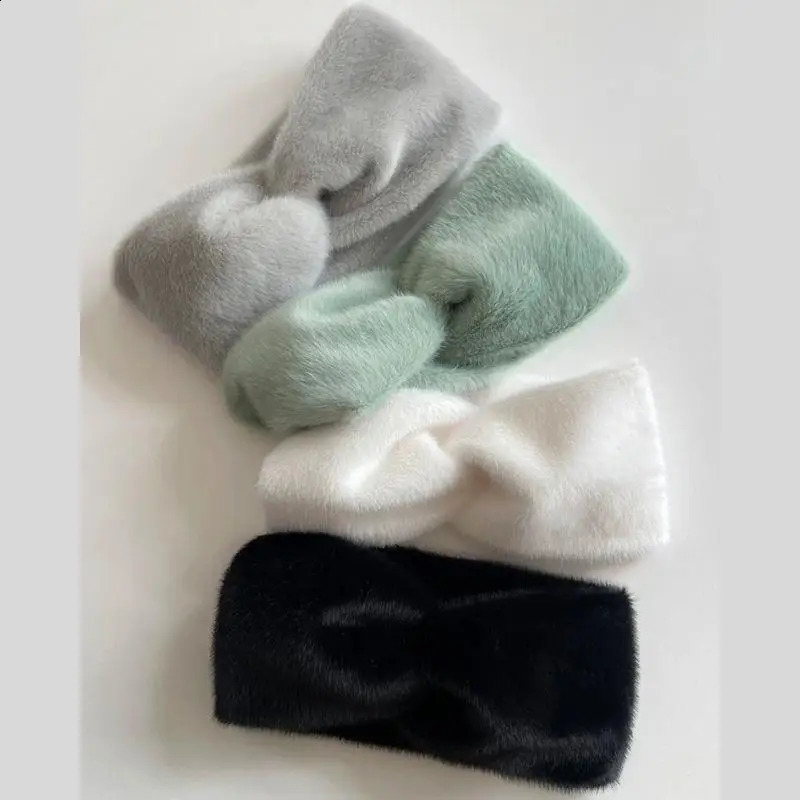 Plush Solid Mink Fur Headbands For Women Girls Winter Wide Cross Soft Thick Turbans Bandage Ear Warmer Hairband Hair Accessories 260917