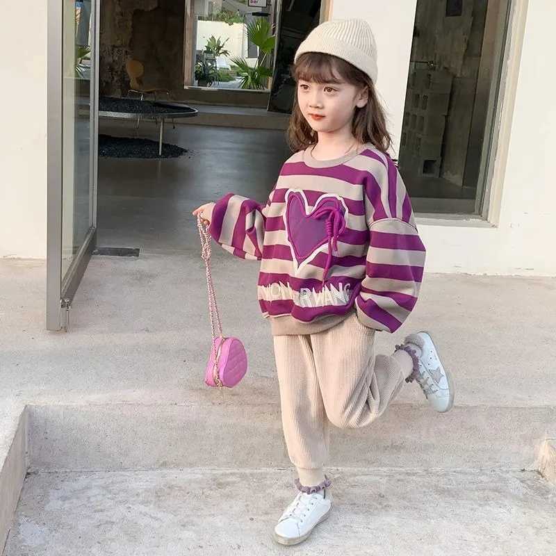Girls' 2025 New Arrival Little Autumn/Winter Slish Striped Fleece-Li Thicke Crewneck SweatshirtW260917