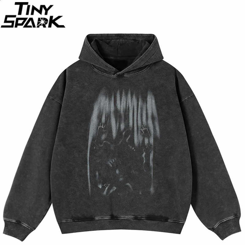 Hip Hop Oversized Hoodie Sweatshirt Men Streetwear Freak Shadow Graphic Washed Black Hooded Pullover Cotton Hipster 260918