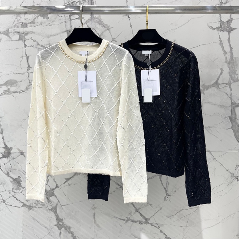 Luxury Women Elegant Sheer Knitted Top Diamond Grid Chain Decor Knits T Shirt Spring Summer Date Party Casual Knit Tops