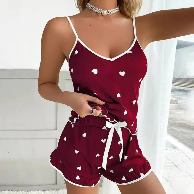 Women Pajamas loungewear Summer Pajama Pcs Set Large Size Vest Ruffle Shorts Women's Suspenders Soft Casual Cute Printed Women Set Sexy Bow Don