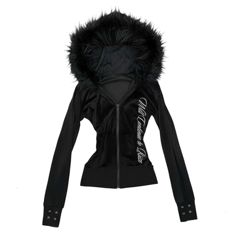 Y2K Harajuku Gothic Women's Hoodie Sexy Slim Chic Suede Fur Collar Letter Print Cardigan Sweatshirt Aesthetic Female Streetwear 260917ww