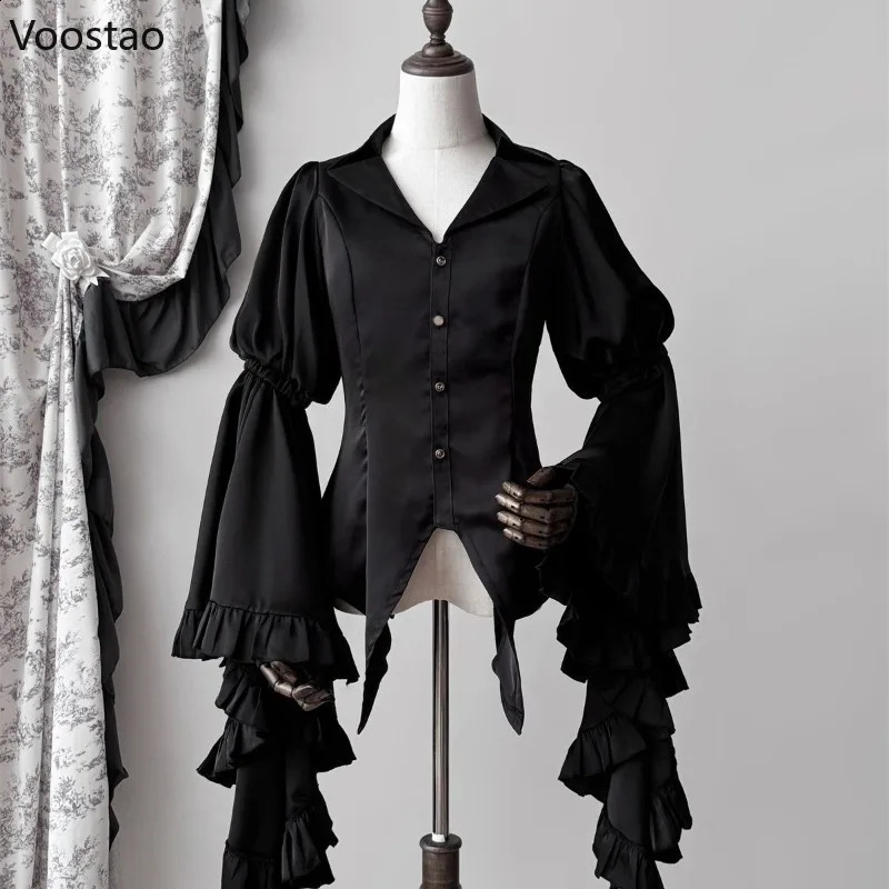 Japanese Vintage Elegant Lolita Shirt Women Victorian Gothic Flare Sleeve Blouses Female Y2k Aesthetic Casual Retro Tops Blusas 260917