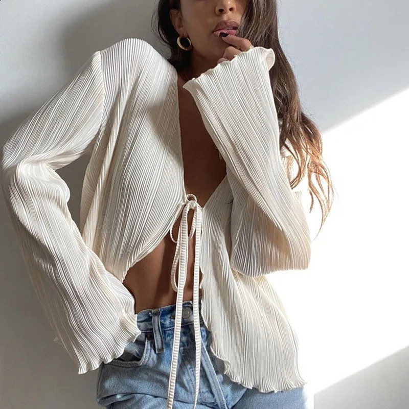 Women Pleated Plain Shirts Spring Fall Chic Long Flare Sleeve V- Neck Tie Up Cardigans Tops for Casual Party Street 260917