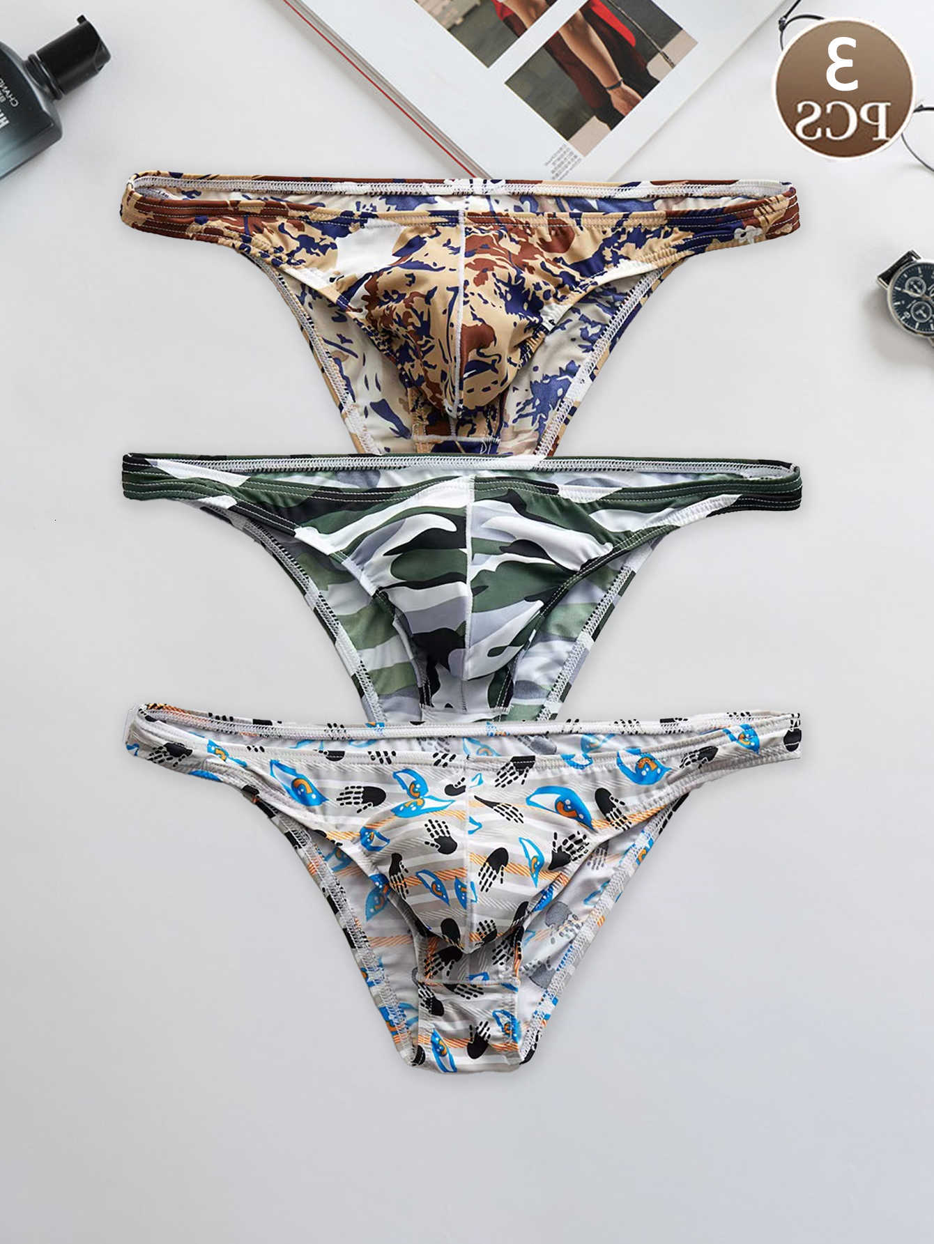sports Underpants 3PCS Camouflage eye casual knitted fabric men's low waist printed breathable ice silk brief underwear D260918