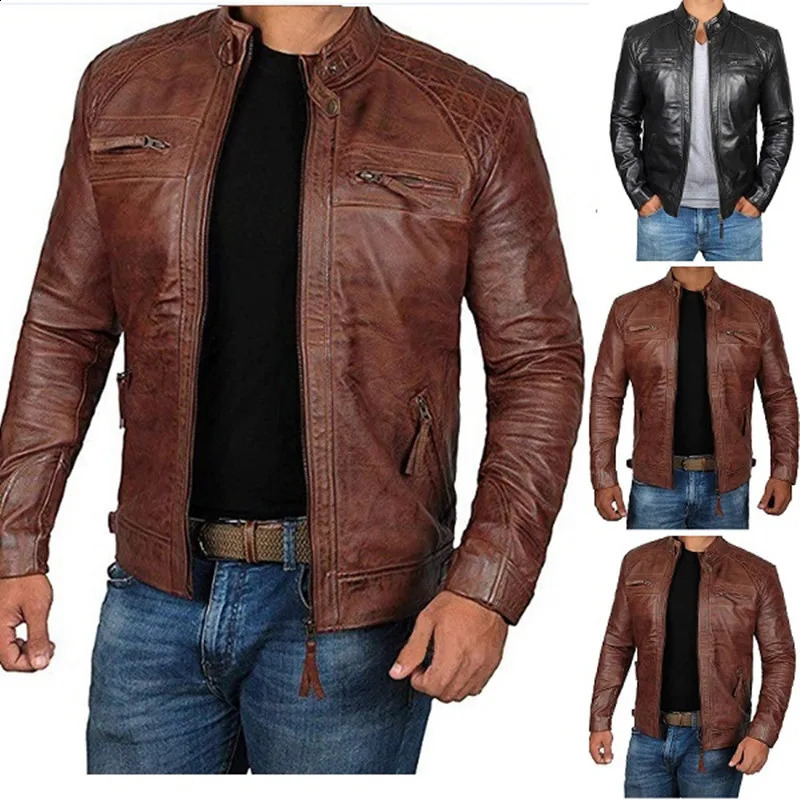 Spring and Autumn Men's Fashion Handsome Leather Coat Stand Collar Punk Motorcycle Leather Jacket Faux Leather 260917