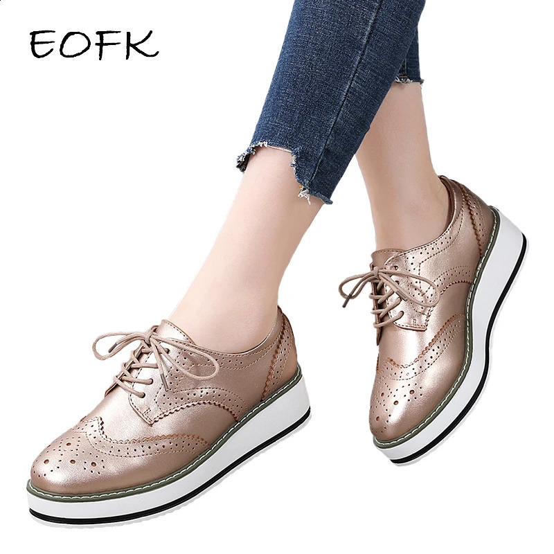 EOFK Spring Autumn Women Derby Platform Flats Brogue Leather Lace up Classic Bullock Footwear Gold Female Oxford Shoes Lady 260917
