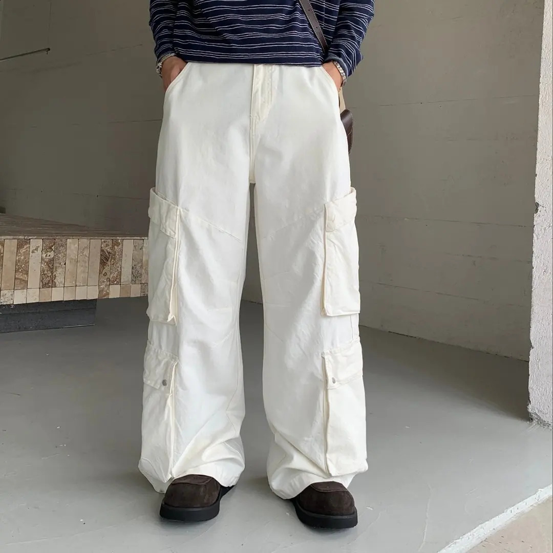 White Baggy Jeans Men Streetwear Vibe Vintage Fashion Loose Casual Wide Leg Multipocket Straight Cargo Jeans Pants Trousers 260918
