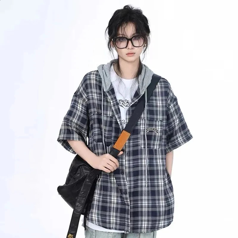 Harajuku Plaid Hooded Shirt Women Vintage Short Sleeve Y2K Bf Blouse Casual Loose American Streetwear Pockets Letter Female Tops 260917