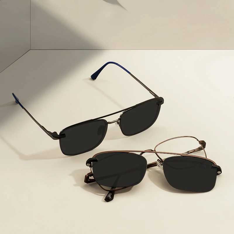 Frame Men Glasses Metal Rectangle Spring Hinge Temple With Black Magnetic Polarized Clip On Sunglasses For Prescription Lenses N260814