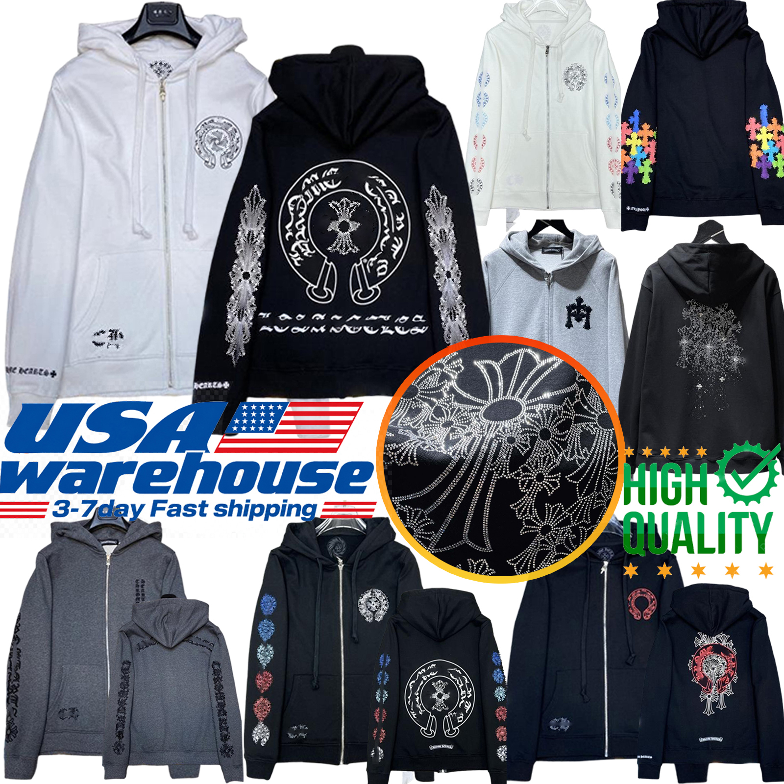 Chrome Designer hoodies Gothic Cross Embroidery Hoodie Sweatpants Set Men Women Zip Up Hooded Sweatshirt Jogger Pants Long Sleeve T Shirt Streetwear