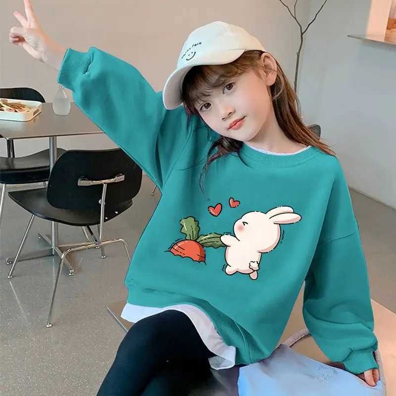 Girls' 2025 Middle New Big Spring Autumn Fake Two-Piece Crewneck SweatshirtW260917