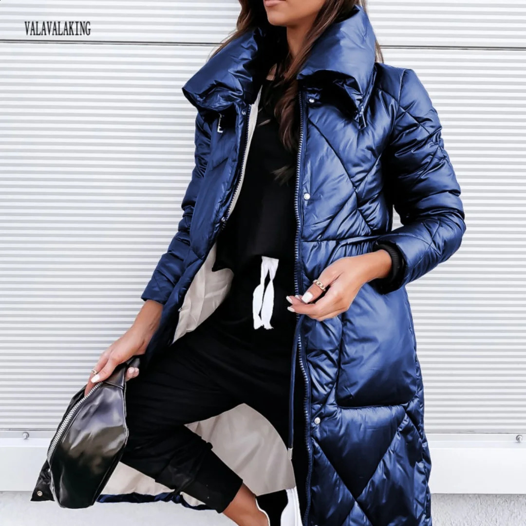 2026 Winter Solid Plus Size Long Coat Women Elegant Pocket Sleeve Jacket Lady Turndown Collar Large Zipper Thick Warm 260918