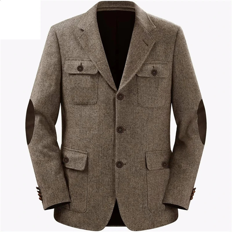Mens Herringbone Tweed Blazer Long Sleeve Notch Lapel Elbow Patches Multi Pocket Single Breasted Jacket for Work Daily Party 260918