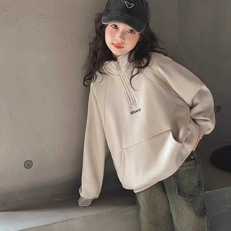 Spring New Girls' Slish 2025 Casual Toddler Big Kid Standing Collar Semi-Zip Long Sle Sweatshirt for Spring/AutumnW260917