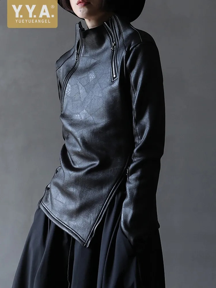 Dark Style Irregular Stand Collar Diagonal Zipper Faux Leather Sweatshirt Female Cool Black Gothic Jacket Fleece Lining Pullover 260918