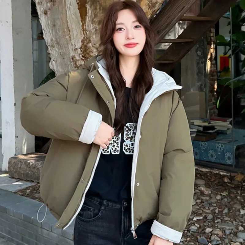 2026 New Two-sided Wear Short Parkas Women's Winter Down Cotton-padded Jacket Loose Hooded Outerwear Student Thicken Warm Coats H260917