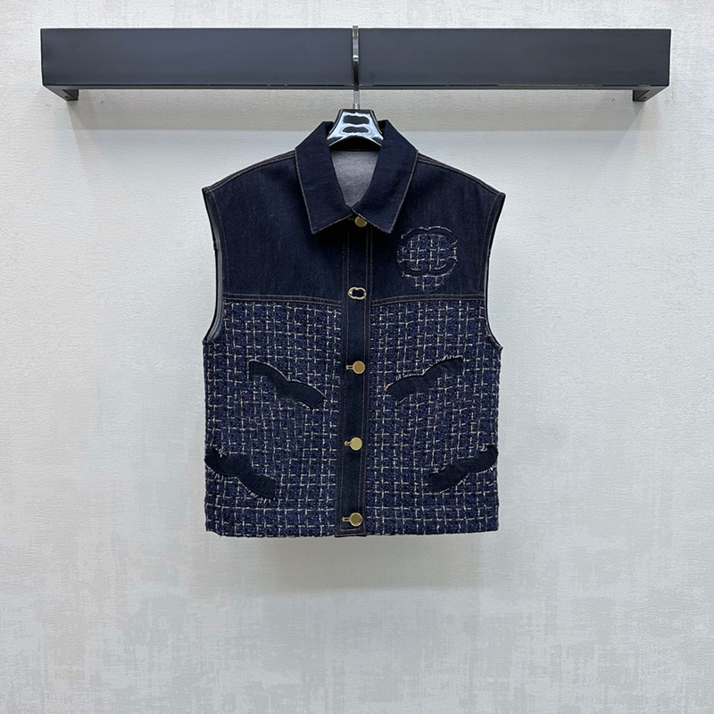 Denim Tweed Patchwork Vest For Women Lapel Neck Sleeveless Gold Button Waistcoat Autumn Daily Wear Y2K Casual Vest Jacket