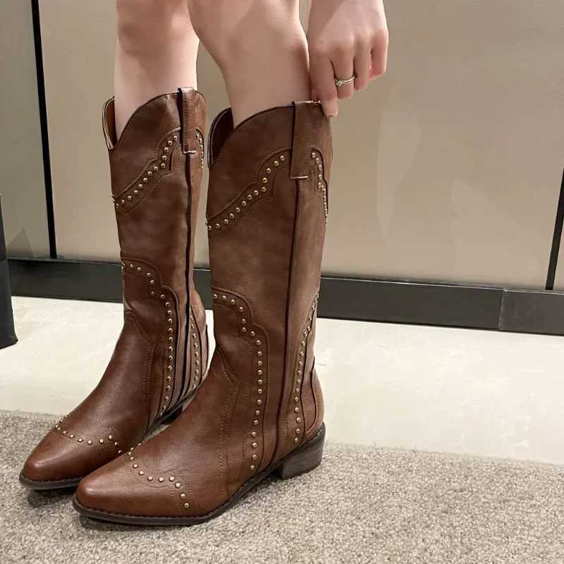 Calf Mid Boots for Women 2024 Autumn Chunky Heels Western Boots Woman SlipPointed Toe Cow Boras D2609171