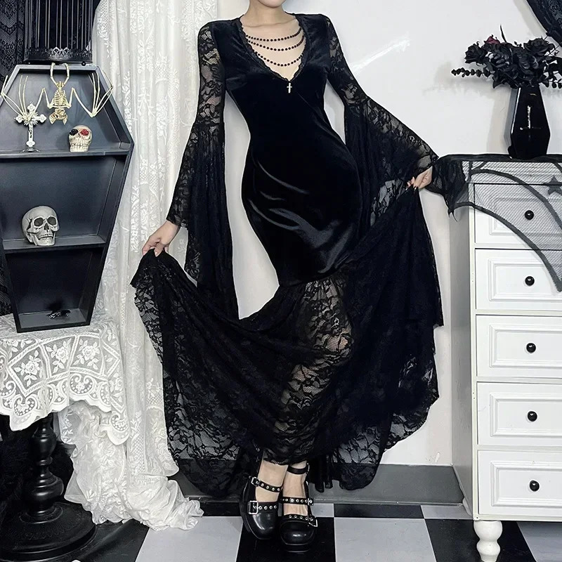 Y2K Goth Floral Lace Mesh Flared Sleeve Bodycon Party Dresses Sexy Vintage Elegant Black Velvet V-Neck Long Dress Partywear 260917