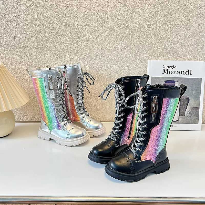 Girls Boots Autumn and Winter 2023 New Kids High Boots Unique Little Princess Plus-Velvet Colorful Child Fashion Glossy Silver X260917