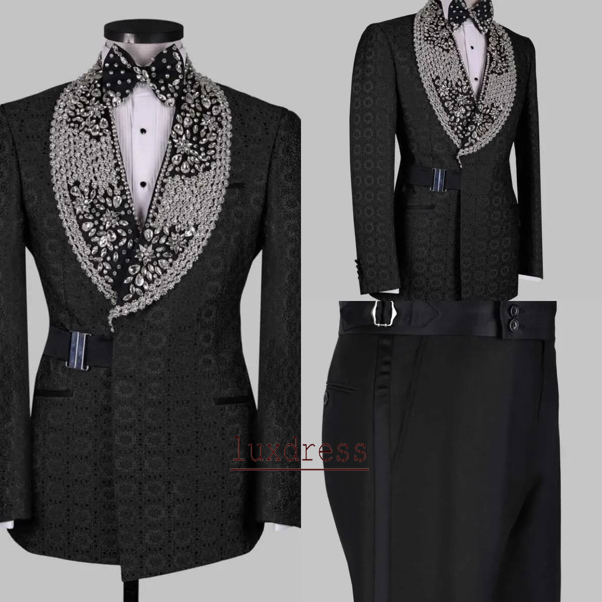 Vintage Men Suits Crystal Wedding Tuxedos 2 Piece Set Jacket Pants Jacquard Men Suit Shawl Lapel Groom Wear Party Suits Customized