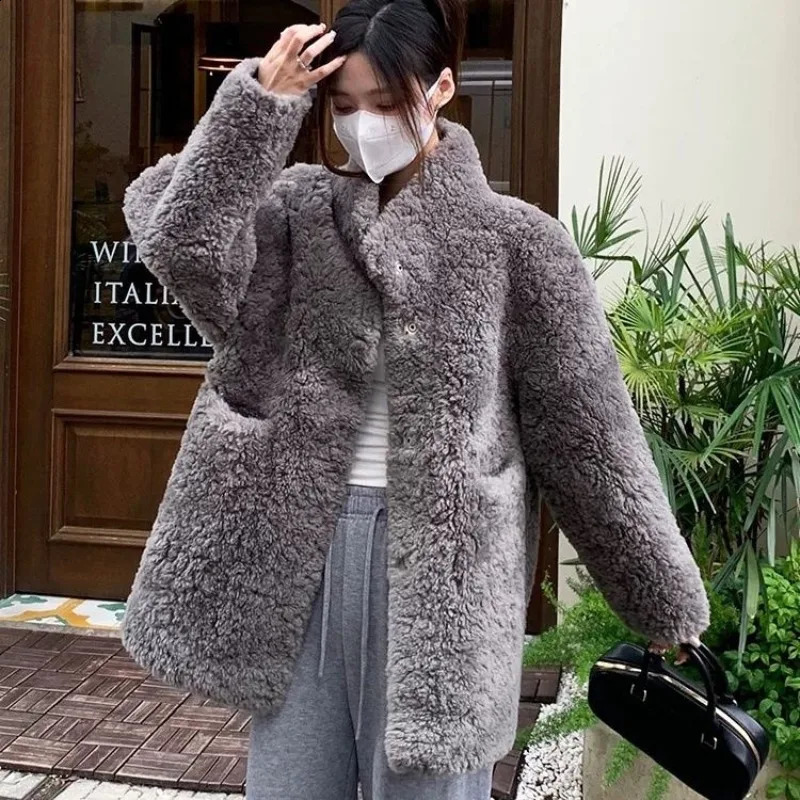 Vintage Bear Teddy Faux Fur Coat Women Plush Lamb Wool Thick Mid-length Jacket Female Pocket Coat Casual Fluffy Femme Jackets 260917