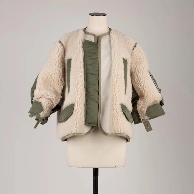 2025 Autumn Winter Japanese Style Patchwork Color Block Lamb Wool Coat Women Loose Casual Long Sleeve Top 260917